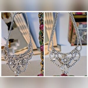 Crystal Statement Necklace - Silver Rhinestone Bridal Bib Set Of 2